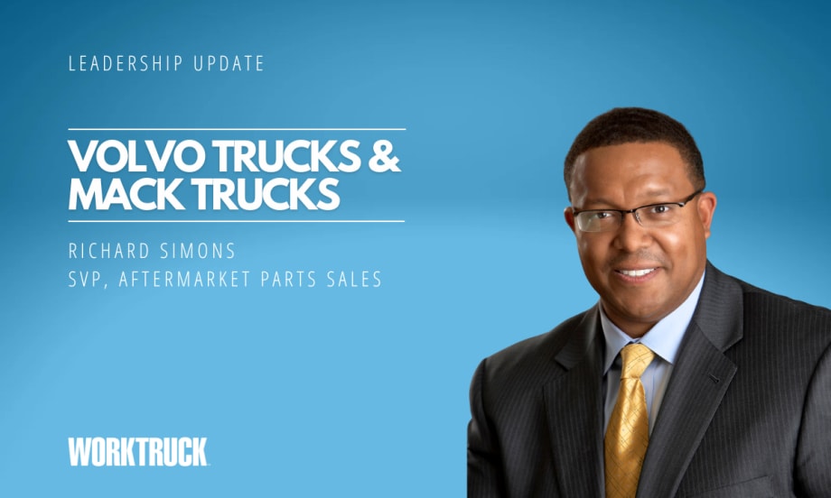 Man in business attire against a blue background with white headline for Volvo Trucks & Mack Trucks and the man's name and title in smaller white print.