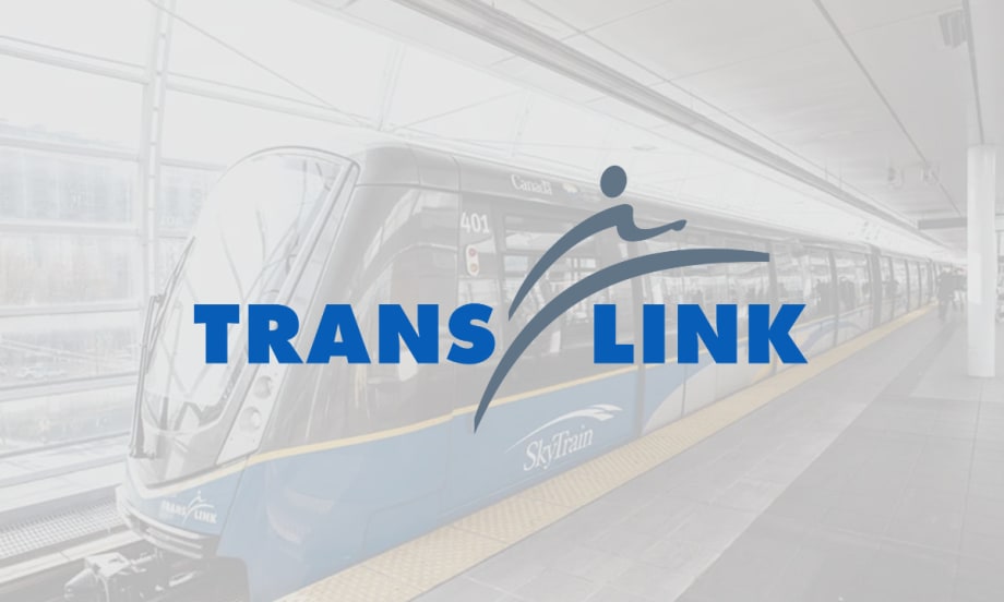 TransLink logo overlaid on a SkyTrain at a station platform in Metro Vancouver.