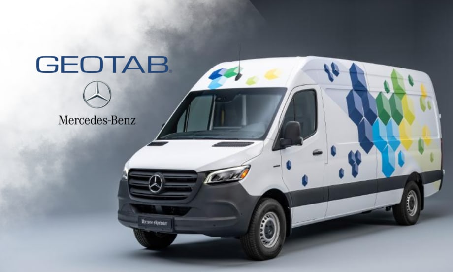 Mercedes-Benz eSprinter van with Geotab branding and colorful hexagon graphics on white background.