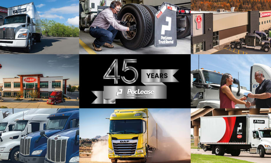 A collage of PacLease trucks, facilities, and staff interactions with a center banner that reads "45 Years PacLease Truck Rental and Leasing," celebrating the company’s 45th anniversary.