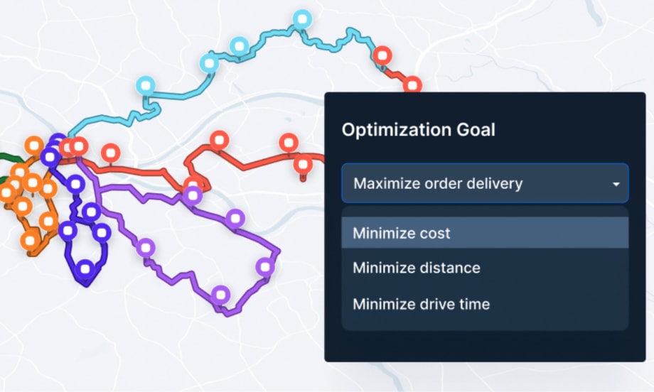 A digital map showing multiple color-coded delivery routes with a pop-up menu titled "Optimization Goal," displaying options to maximize order delivery or minimize cost, distance, or drive time.