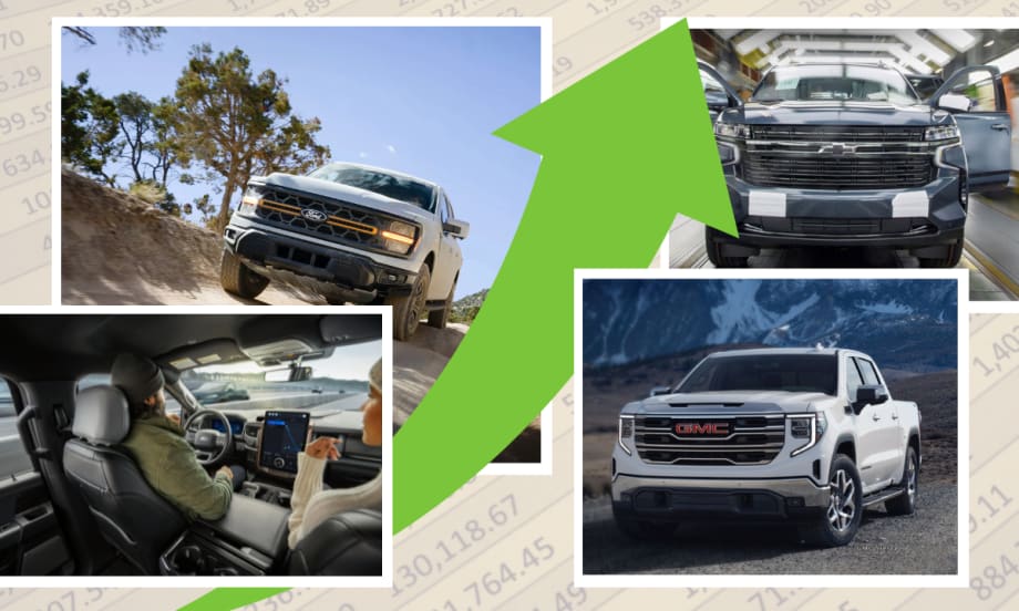 Top left image of Ford truck offroad, bottom left image inside a Ford truck, two Chevy truck images on right, and large green upward pointing arrow in the middle.