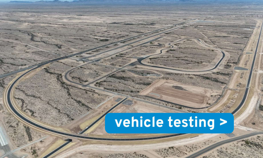 Aerial view of Toyota Arizona Proving Grounds with test tracks and a “vehicle testing” label overlay.