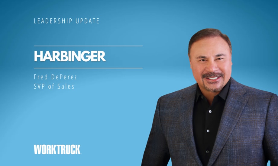 Man in business attire against a blue background with white headlines that say: Industry Update, Harbinger, and the man's name and title.