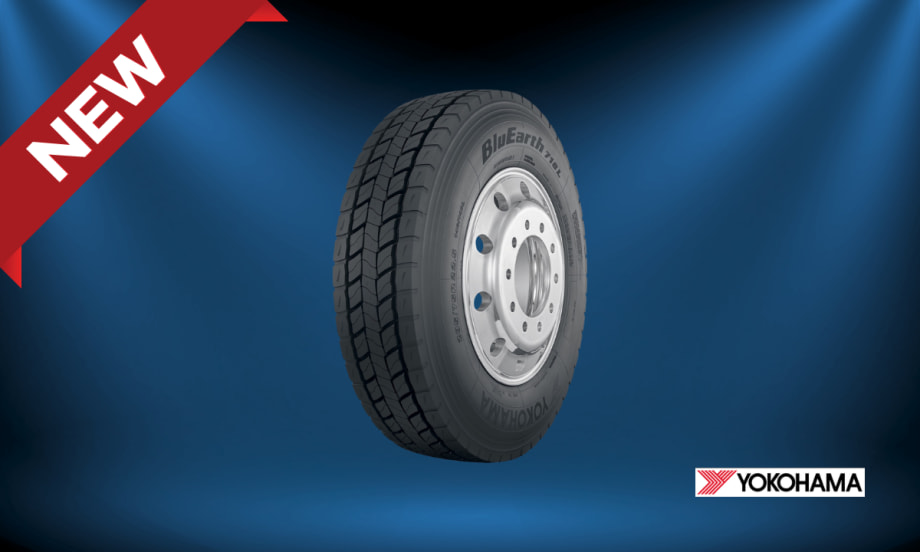 A Yokohama BluEarth 718L truck tire displayed against a blue background with a red “NEW” banner in the corner and the Yokohama logo in the bottom right.
