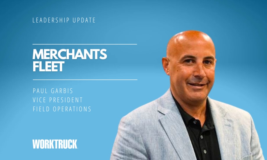 Man in business attire against a blue background with white text headlines that say Leadership Update, Merchants Fleet, and the man's name and title.