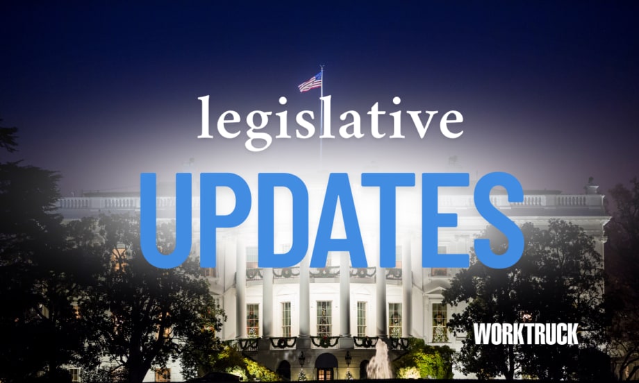 White House at night with U.S. flag and trees in foreground, overlaid with the text "Legislative Updates" and "Work Truck" logo in lower corner.