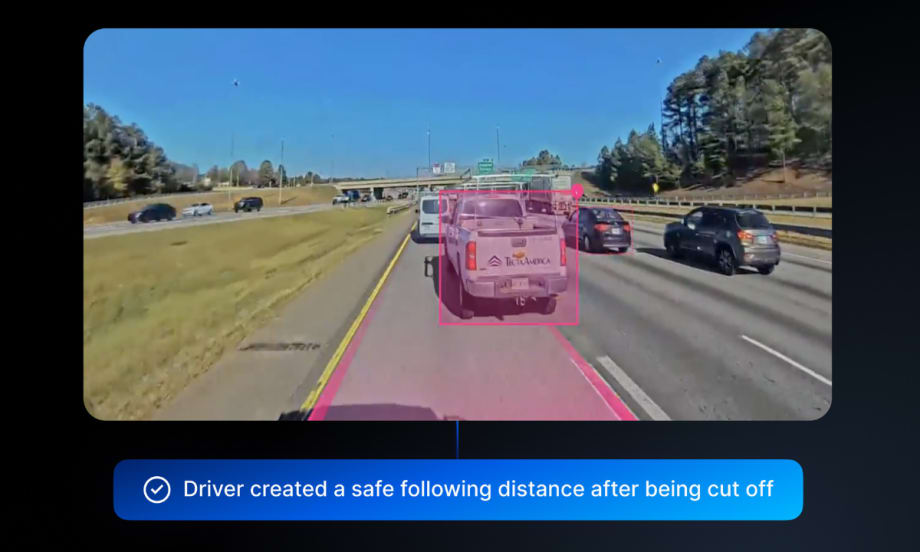Dashcam footage on a highway showing a driver maintaining safe distance behind a white pickup truck after being cut off.
