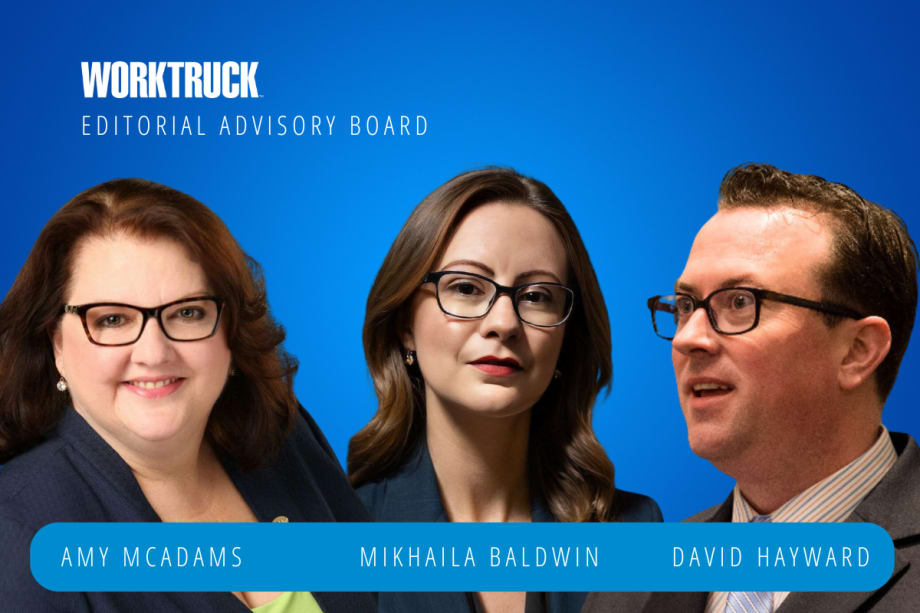 Two women and one men all in business attire against a blue background and inset white text saying Work Truck, and, Editorial Advisory Board.
