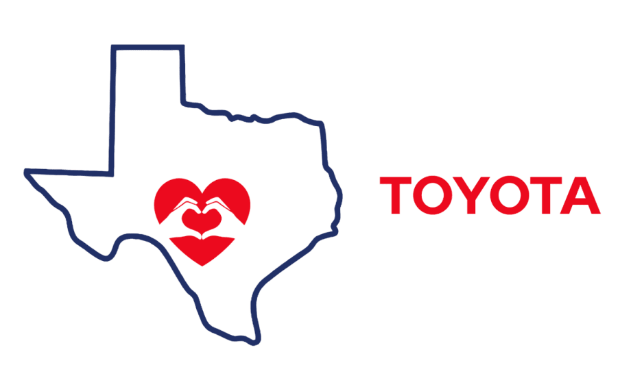 Flood relief illustration with the outline of Texas with red heart and hands inside, and Toyota logo at the right.