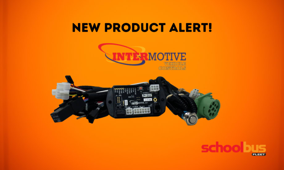 New product alert graphic featuring InterMotive Vehicle Controls’ IdleLock wiring module against an orange background with the School Bus Fleet logo.