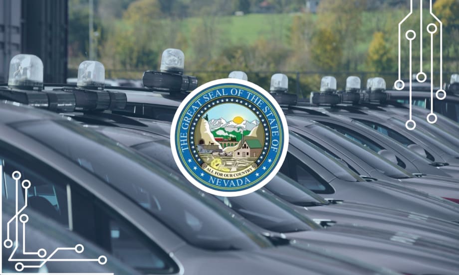 Row of state fleet vehicles with light bars, Nevada state seal centered, and circuit graphics in corners, illustrating the state’s use of telematics technology for fleet management.
