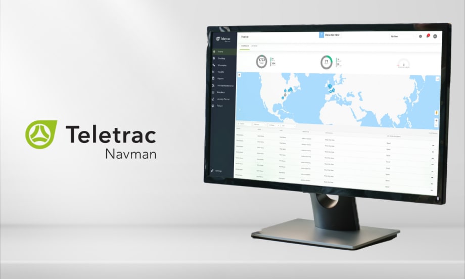 Computer showing Teletrac Navman’s TN360 fleet management platform with a world map and vehicle data, next to the Teletrac Navman logo on a gray background for a product launch post.
