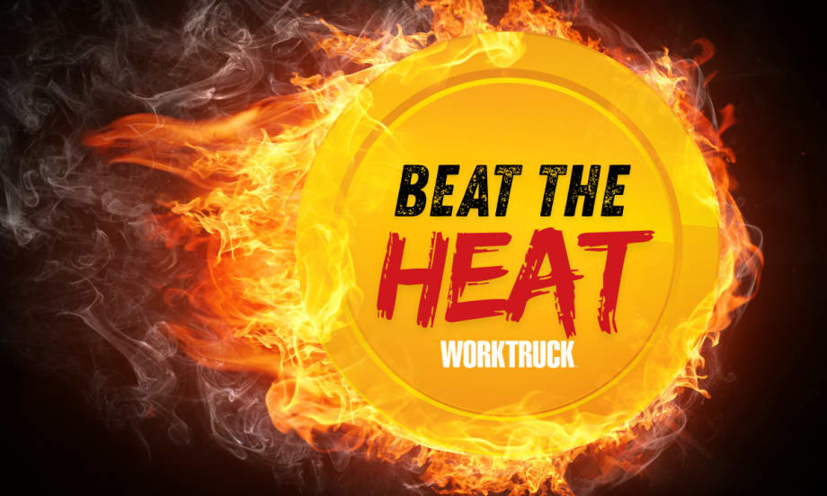 Bright yellow badge with flames and smoke, reading “Beat the Heat Work Truck,” symbolizing summer heat challenges for fleets.