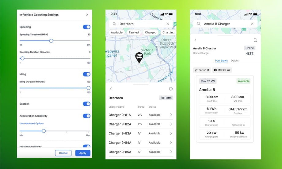Ford Pro app screens showing driver coaching settings, depot charger map, and home charger session details with real-time status.