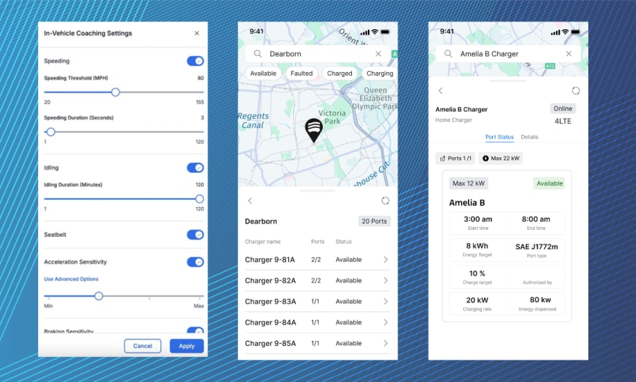 Ford Pro Telematics screenshots showing coaching settings, EV charger map view with port status, and detailed home charger info, including availability, charge rate, and session details.