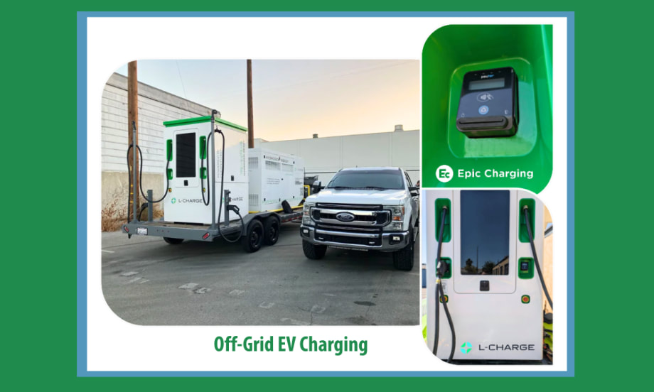 image of pickup at an EV charging station and two inset images, one showing closeup of charger and other of the point of sell terminal.