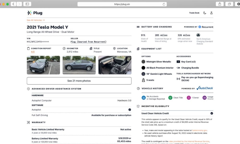 Plug listing for a 2021 Tesla Model Y showing vehicle details, battery health, warranty, equipment, Autopilot status, and Recurrent battery data, with photos and incentive eligibility noted.