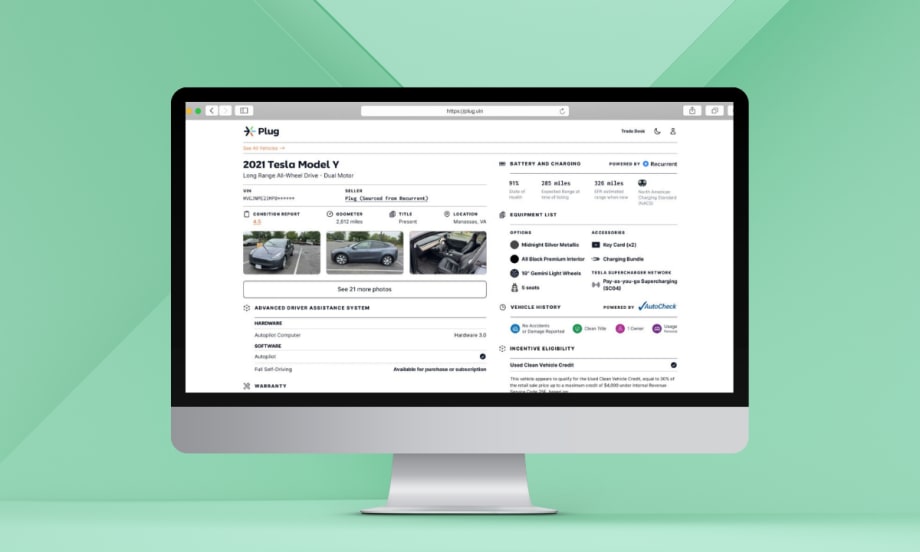 A computer screen displays a Plug EV auction listing for a 2021 Tesla Model Y, showing vehicle specs, condition report, battery health, equipment list, and Recurrent-powered battery data.
