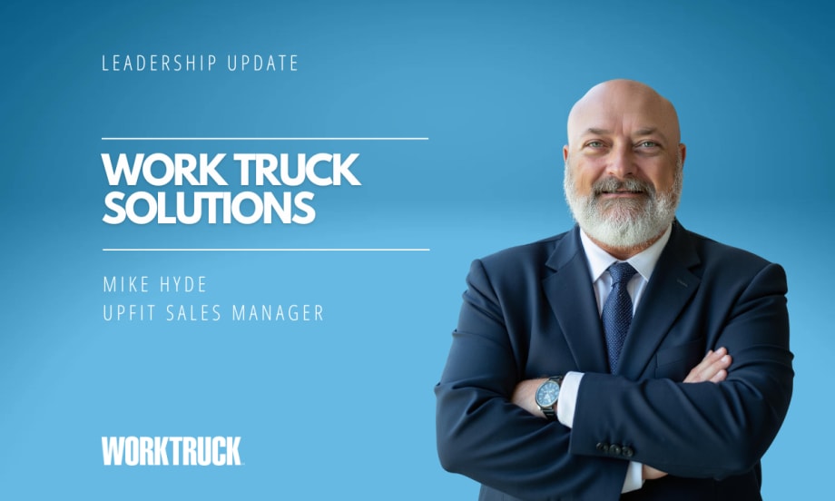 Man in business attire in front of a blue background and white text stating Leadership Update, Work Truck Solutions, and the man's name and title.
