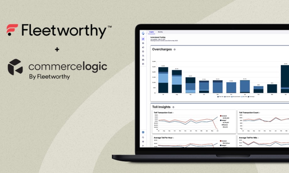 Laptop open on right side of frame with charts displayed, to the left are logos for Fleetworthy and commercelogic against a beige background.