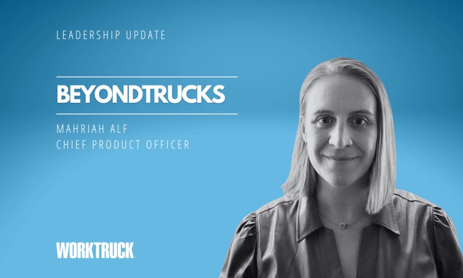 Woman in business attire against a blue background with white text for Leadership Update, BeyondTrucks, and her name and title.