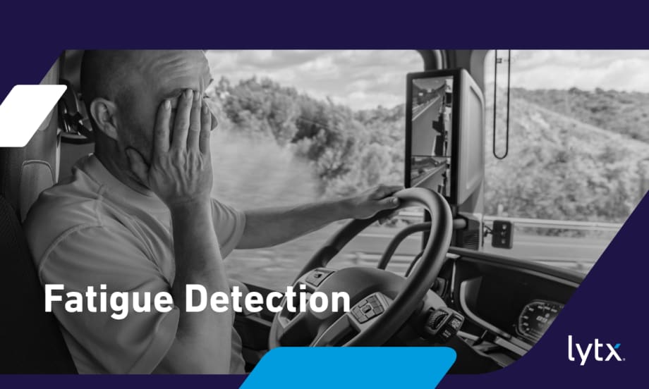 Image of man driving a truck and showing signs of fatigue, inset headline for Fatigue Detection, and a logo for Lytx.
