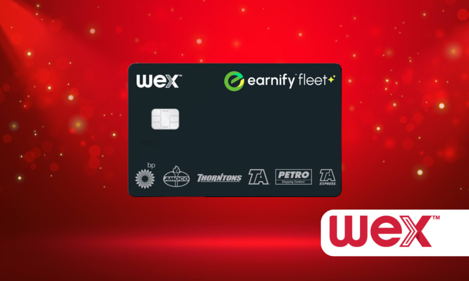 Credit card in front of a red background with lower right inset logo for WEX.