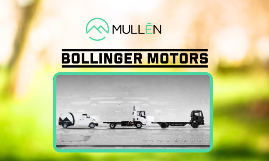 Black and white image of a chassis cab, a box truck, and a cargo van set in front of a natural background with logos for Mullen and Bollinger Motors.