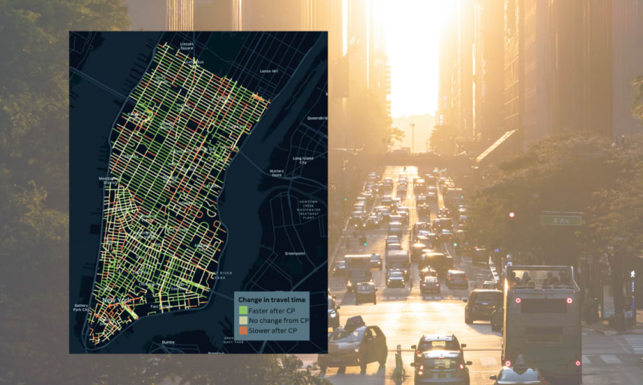Photo of Manhattan traffic congestion overlaid by map showing traffic speeds