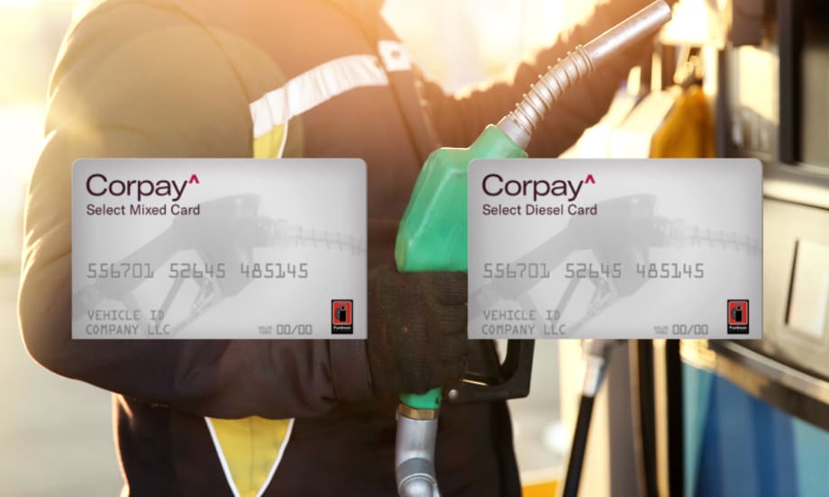 Corpay Select Fleet Cards displayed at fuel pump, offering fleet managers fuel savings, spend control, and maintenance management tools.