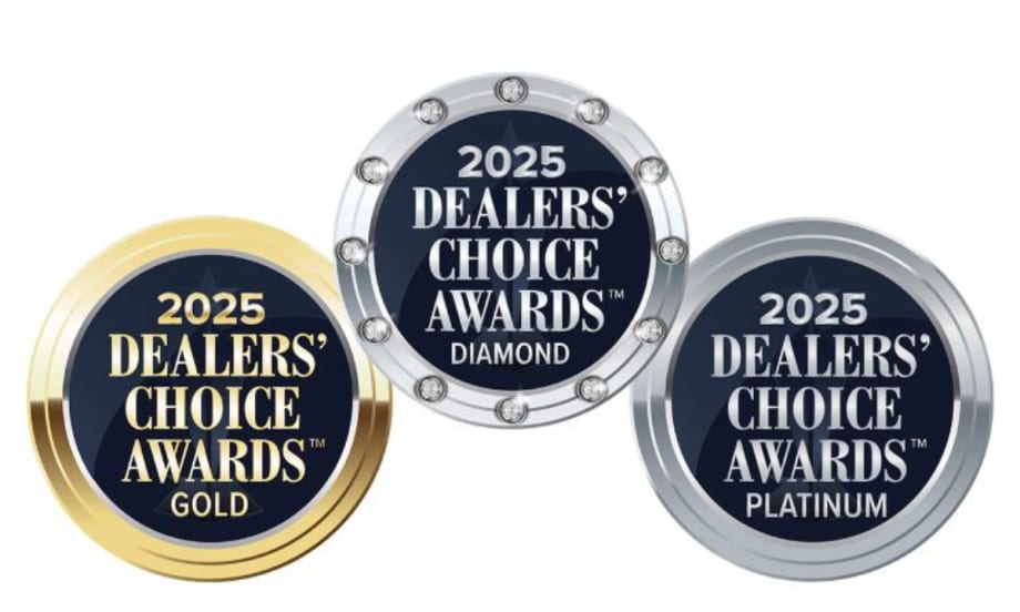 Three 2025 Dealers’ Choice Awards badges — Gold, Diamond, and Platinum — recognizing top honors given to companies in the automotive industry.