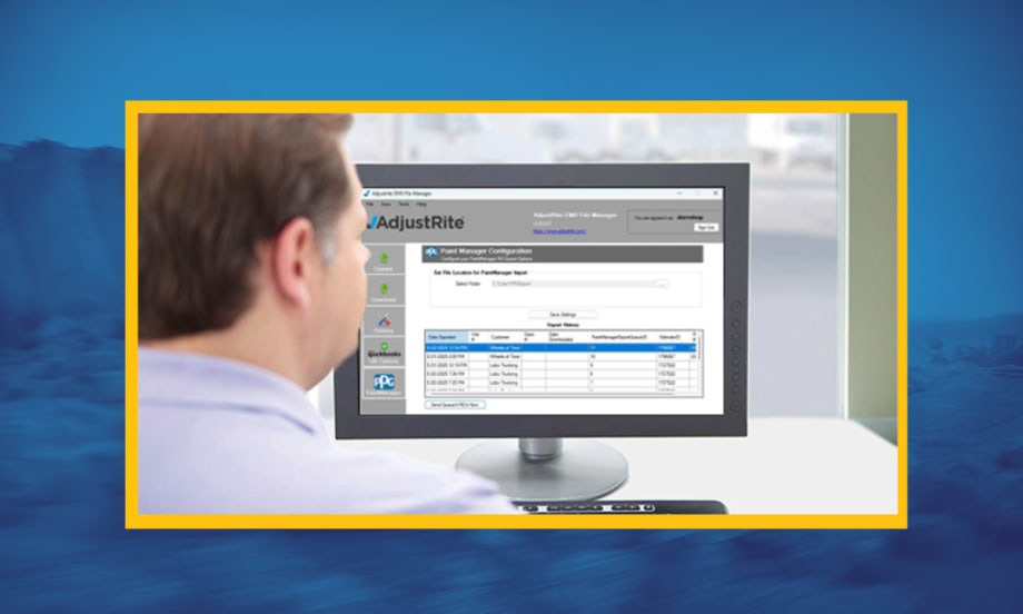 blue background with inset image of man looking at computer screen.