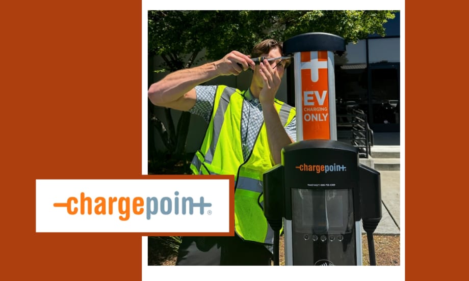 Inset photo of a worker performing service on an EV charging station, set against an orange background and with an inset logo for ChargePoint.