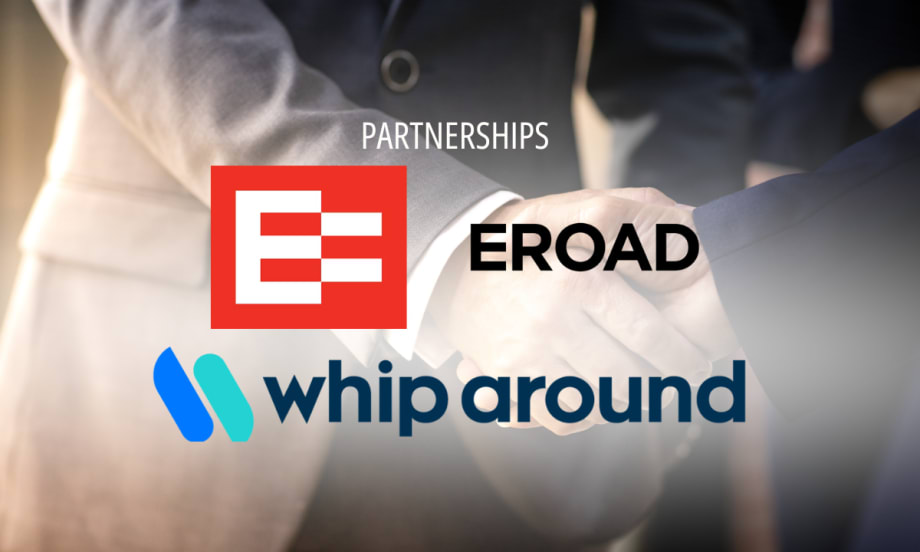 EROAD and Whip Around logos over a handshake, symbolizing a new fleet technology partnership focused on connected maintenance and compliance solutions.