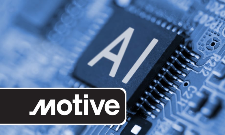 Themed bluish background with computer part marked with AI, and inset white Motive logo against a black background.