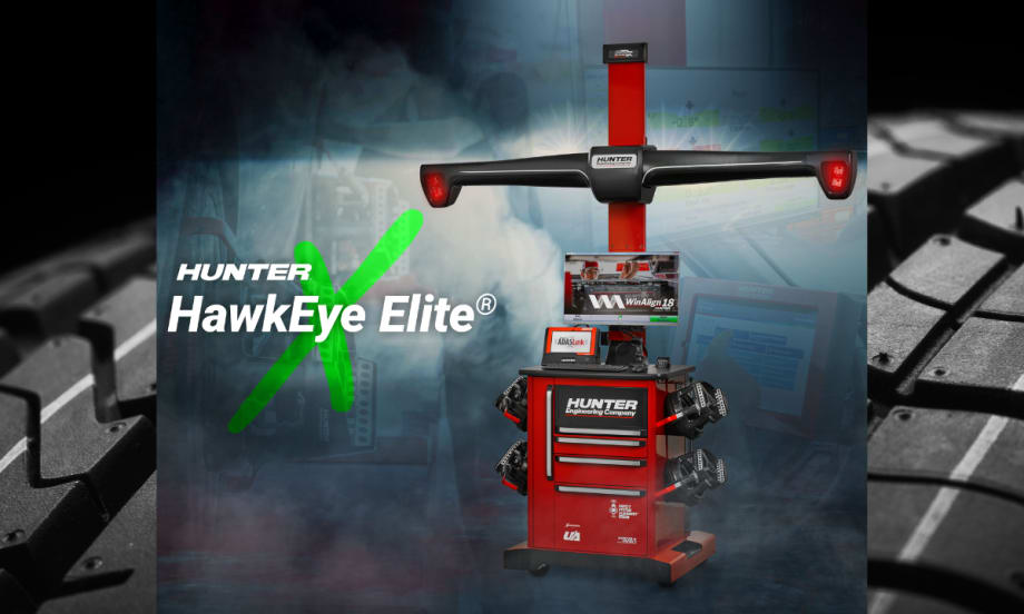 Image of a tire alignment system set against the background of a closeup tire tread photo an a logo for Hunter HawkEye Elite.