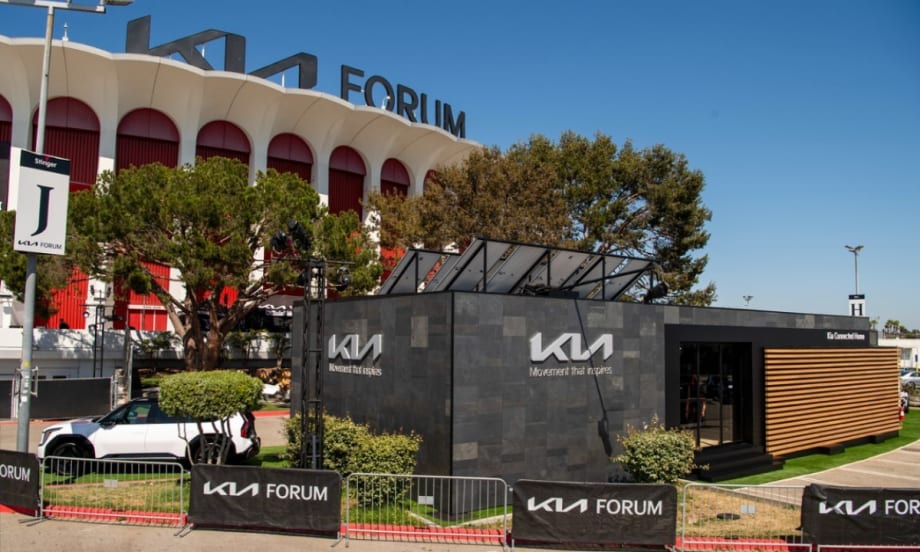 Kia Connected Home exhibit outside the Kia Forum in Los Angeles, showcasing the EV9’s vehicle-to-home energy capabilities.