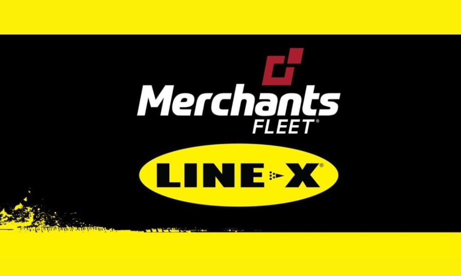 Black background trimmed in yellow at the top and bottom with inset logos for Merchants Fleet and LINE-X.