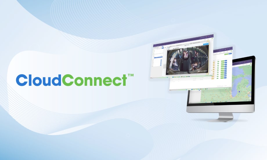 Pro-Vision’s CloudConnect software shown on computer screens, featuring live bus interior video and GPS mapping for real-time fleet monitoring and management.