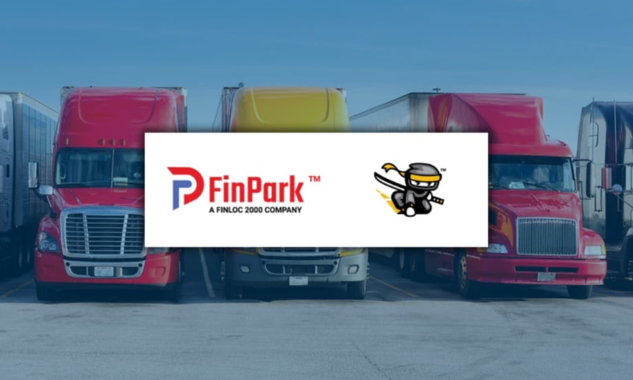 Logos of FinPark and Freight Ninja displayed over a background of parked semi-trucks, representing their partnership to expand secure truck parking solutions nationwide.