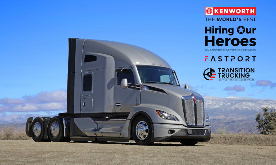Kenworth T680 truck with Transition Trucking, Hiring Our Heroes, and Fastport logos for 2025 veteran driver award.