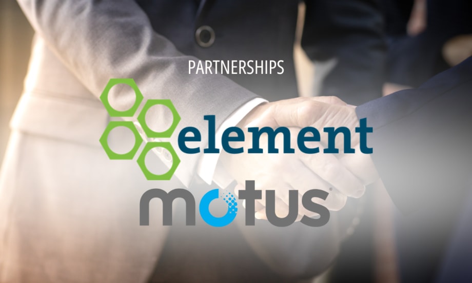 Handshake in background with Partnerships and Element and Motus Logos.