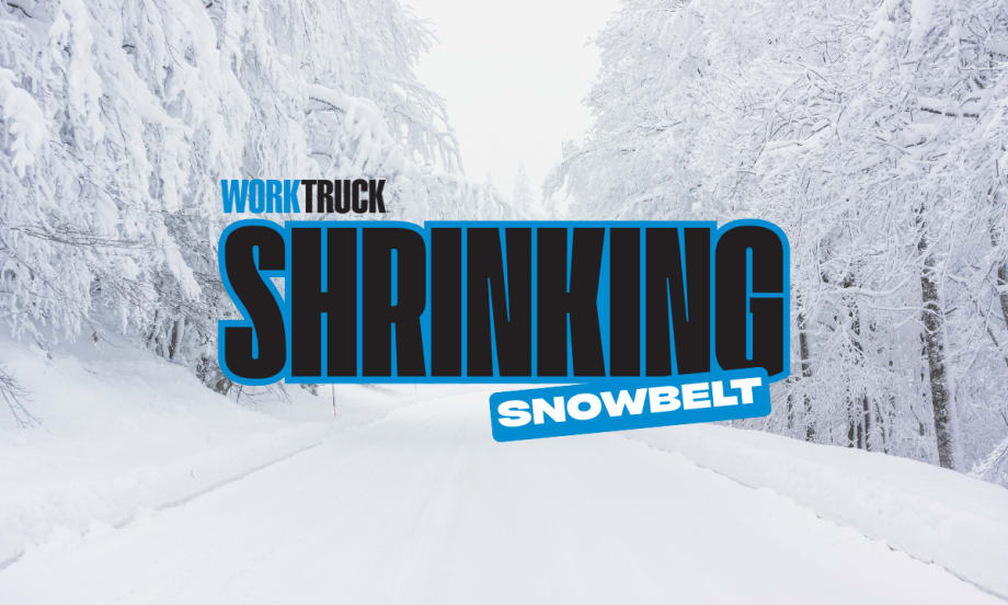 Work Truck headline graphic reading “Shrinking Snowbelt” over a snowy, tree-lined road