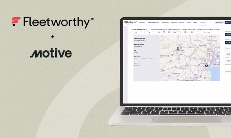 Beige background with image of laptop screen and logos for Fleetworthy and Motive.