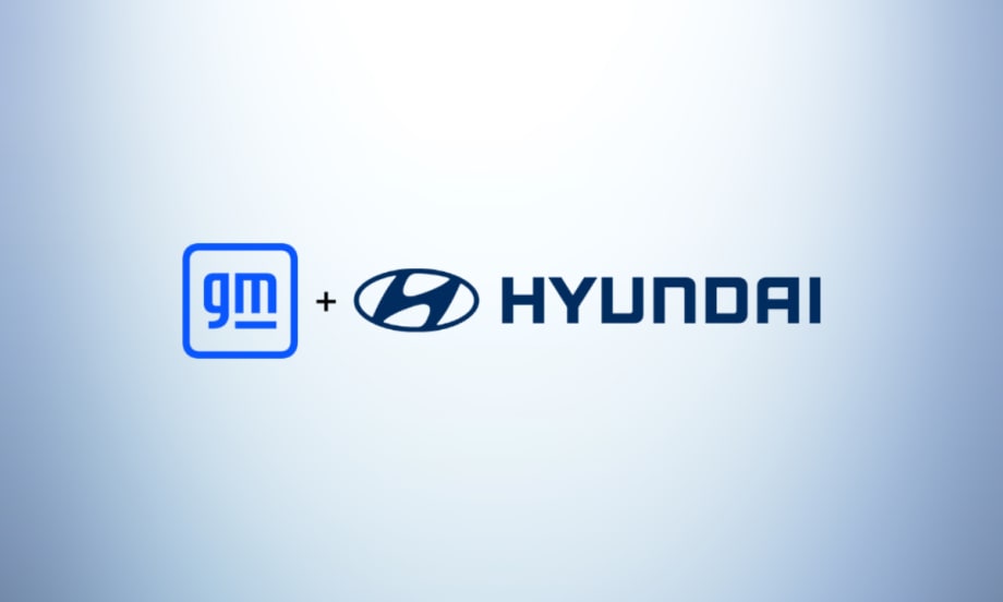 General Motors and Hyundai logos side by side on a light blue gradient background, representing a collaboration between the two automakers.