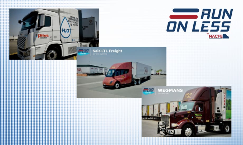 Three trucks from NACFE’s Run on Less – Messy Middle event, showcasing hydrogen, battery-electric, and natural gas powertrains, with company branding from Pilot, Saia LTL Freight, and Wegmans.