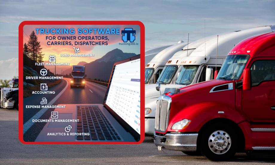 Inset image of trucking set against a background of a row of parked Class 8 tractors.