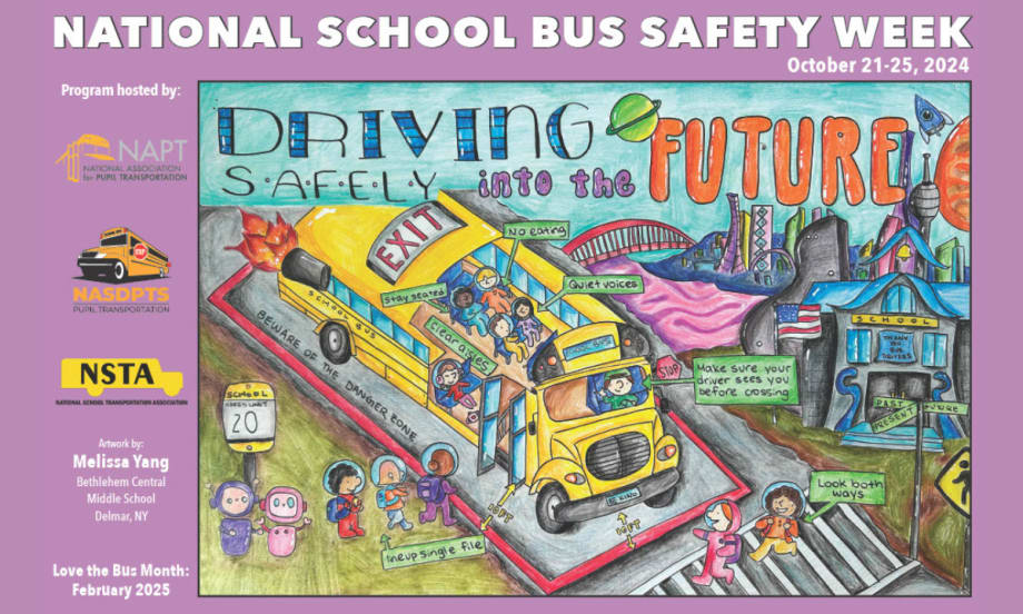 Winning school bus safety poster by Melissa Yang, themed “Driving Safely Into the Future,” shows bus safety tips and a futuristic city for National School Bus Safety Week, Oct. 21-25, 2024.