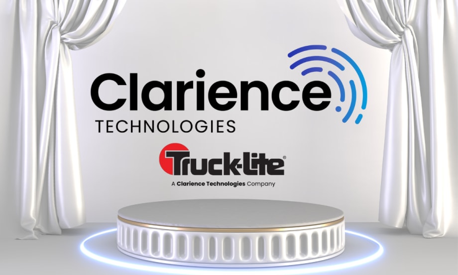 Background image of award-themed background with curtains and inset logos for Clarience Technologies and Truck-Lite.